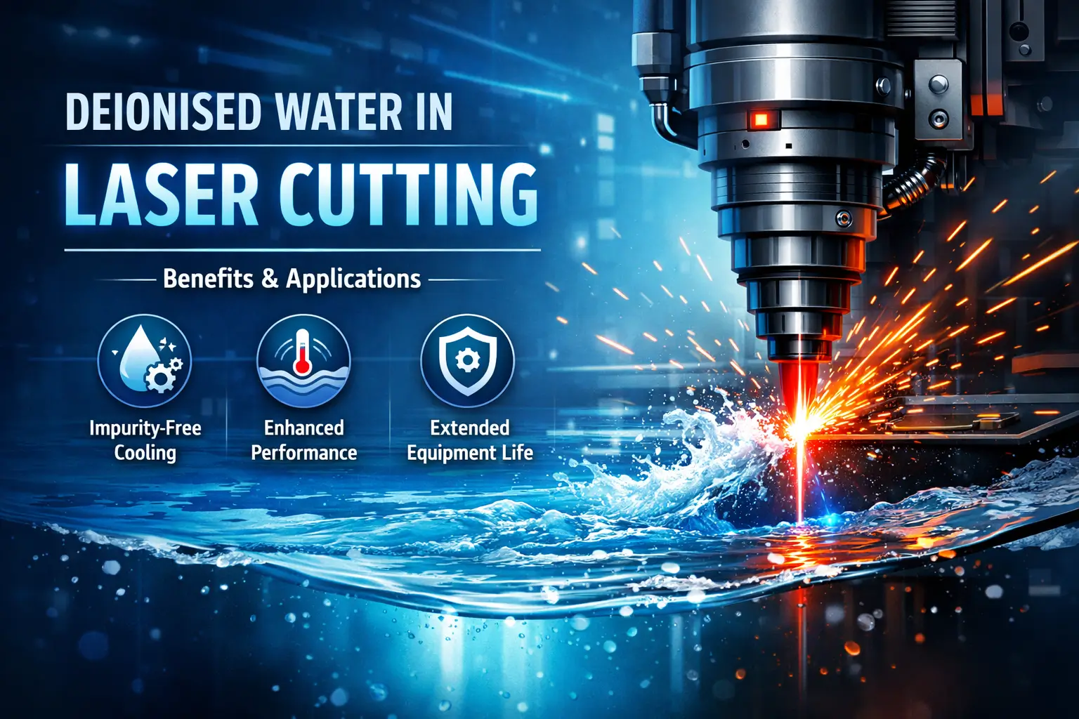 Deionised water used in laser cutting for impurity-free cooling and improved precision