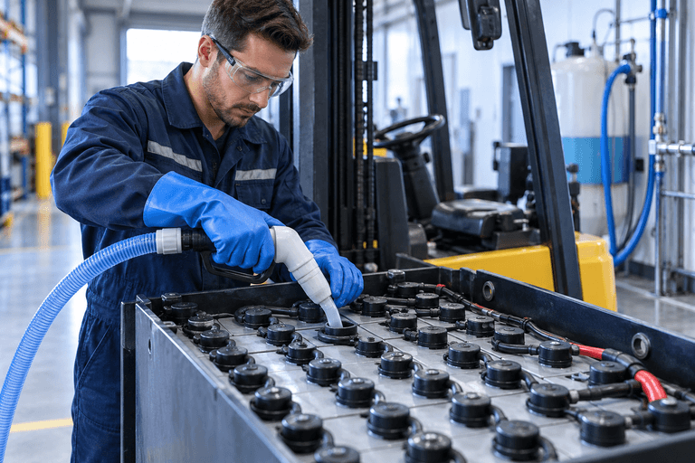 Engineer topping up forklift battery cells with deionised water