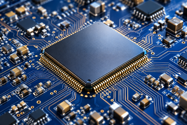 Close-up of a semiconductor chip on a printed circuit board