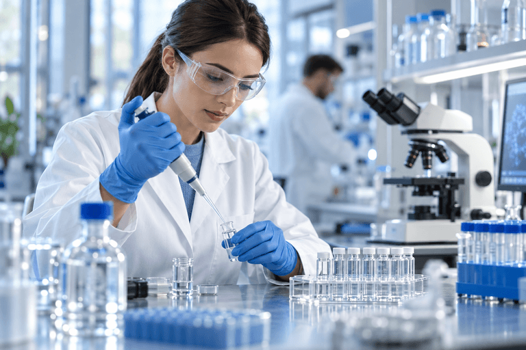 Scientist pipetting samples in a laboratory using deionised water