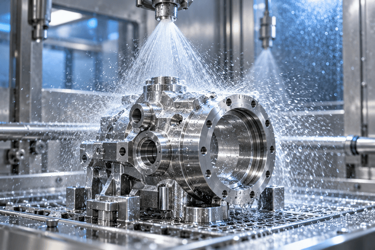 Deionised water spray rinsing a precision-machined metal component