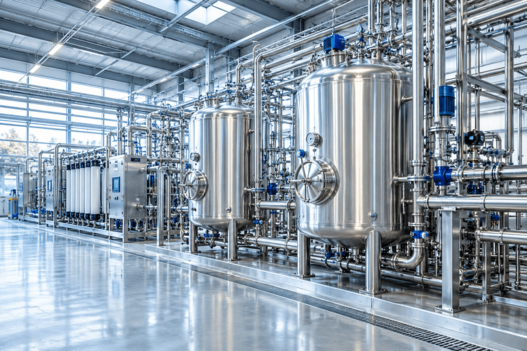 Stainless steel tanks and pipework in an industrial manufacturing plant